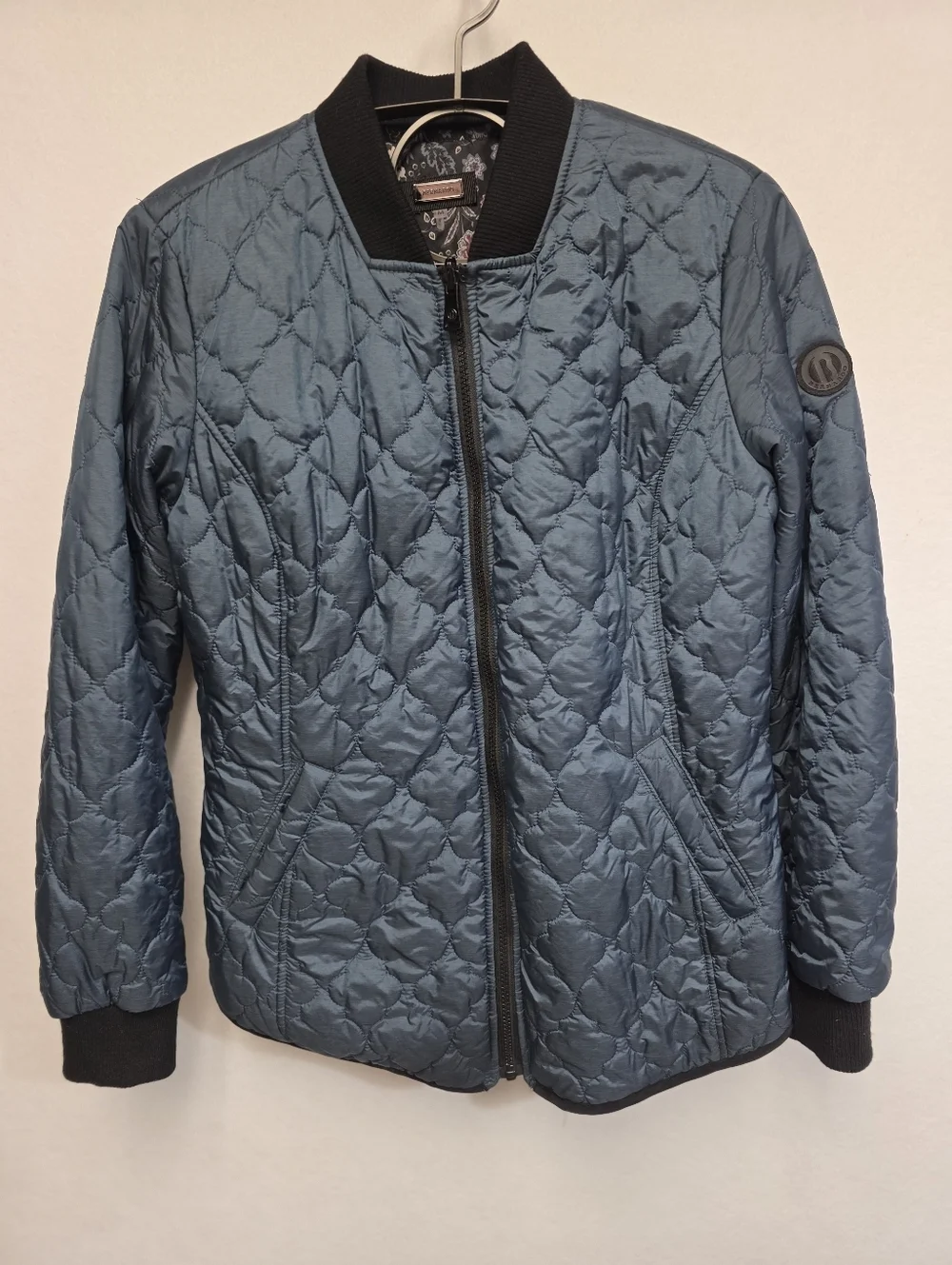 Bernardo Womens Reversible Floral Quilted Bomber Jacket Reverse Blue/gray M